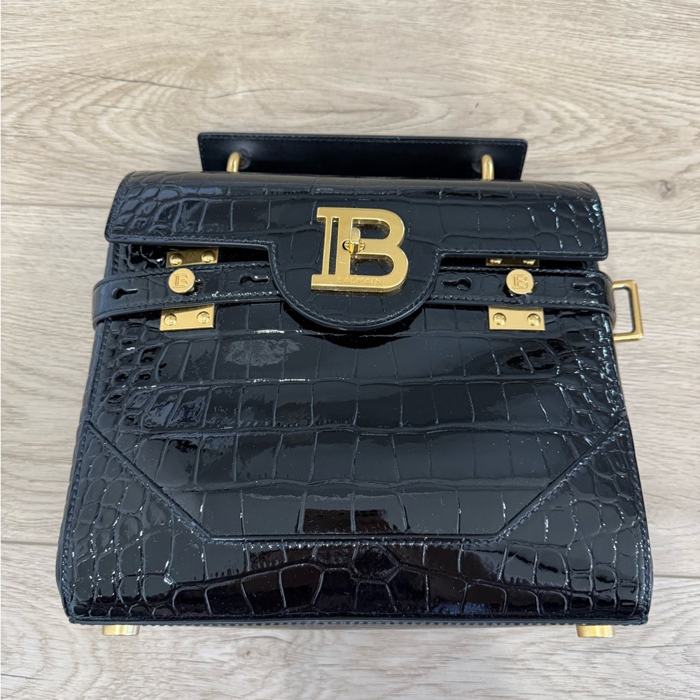 Balmain Black Croc-Embossed Bag with Gold Accents